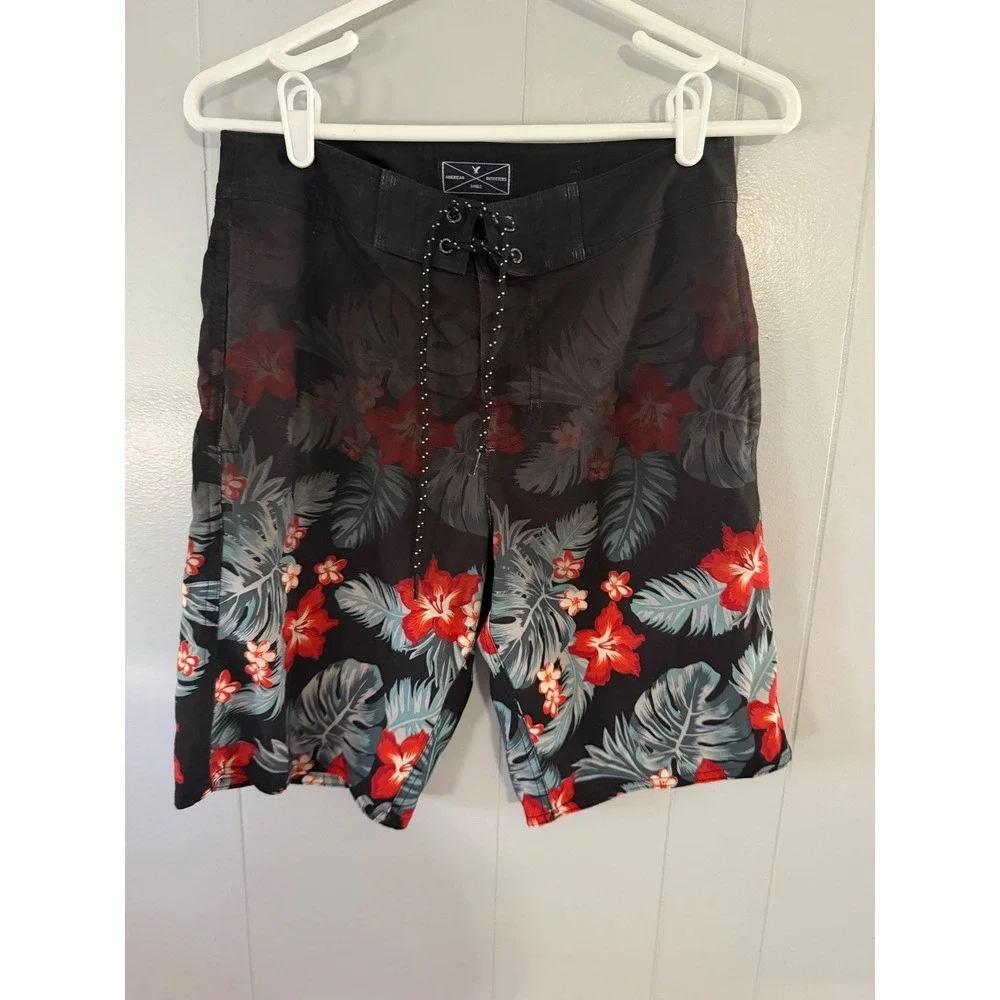 American Eagle Board Shorts Mens XS Black Floral Hibiscus Tropical Swim Trunks